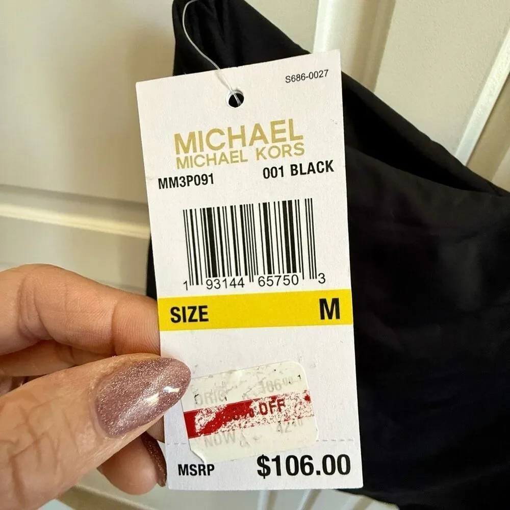 NWT Michael Kors asymmetrical black one shoulder chain bikini top Size M